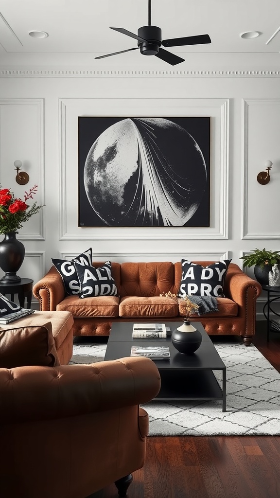 A stylish living room featuring a brown couch, black and white artwork, and decorative pillows.