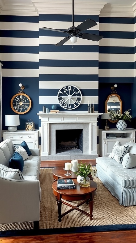 A living room featuring navy and white striped walls, light-colored sofas, and a wooden coffee table.