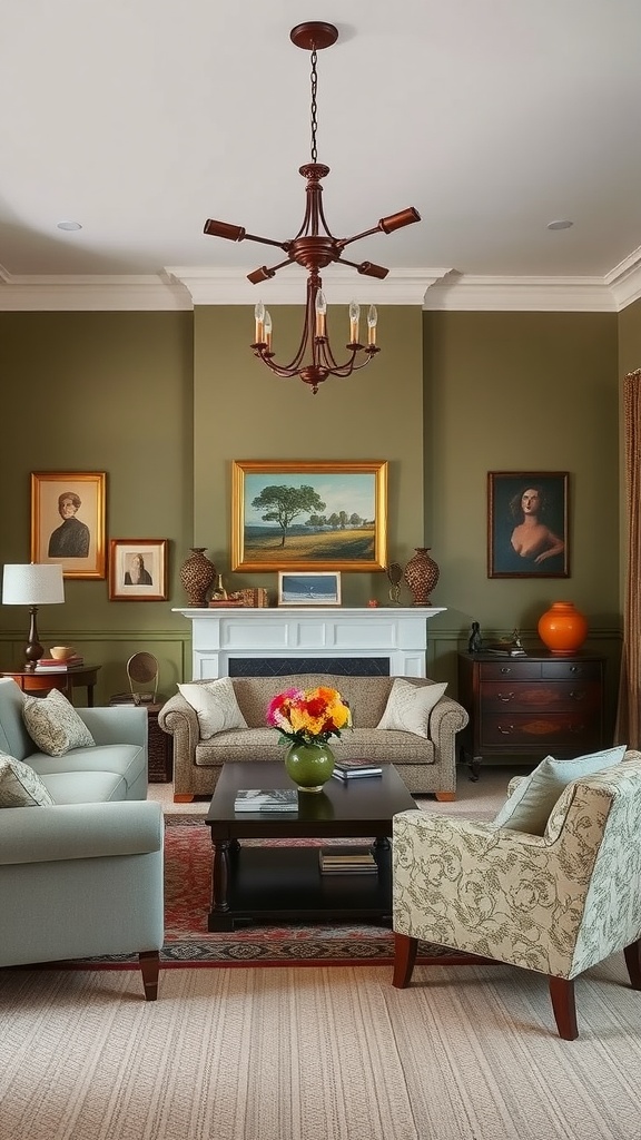 A living room with classic olive walls, featuring light-colored furniture and decorative art pieces.