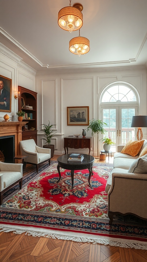 A cozy living room featuring a classic Oriental rug with red and intricate patterns, surrounded by light-colored furniture and a wooden floor.