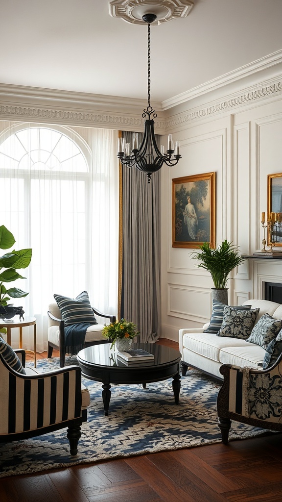 Elegant black and cream living room featuring striped chairs, a round coffee table, a patterned rug, and decorative artwork.