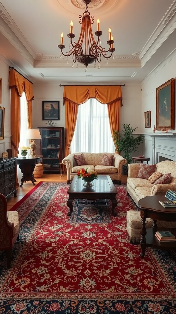 A classic Persian rug in a beautifully decorated living room with elegant furniture and decor.