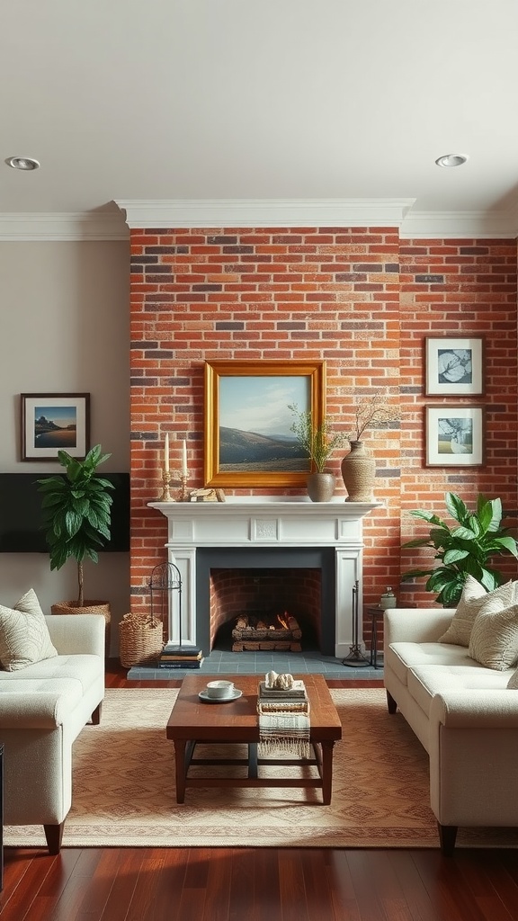 Living room with classic red brick accent wall, fireplace, framed artwork, and plants