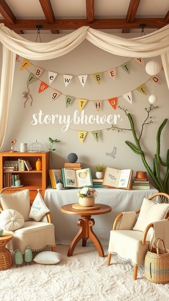 Cozy room decorated for a baby shower with a storybook theme