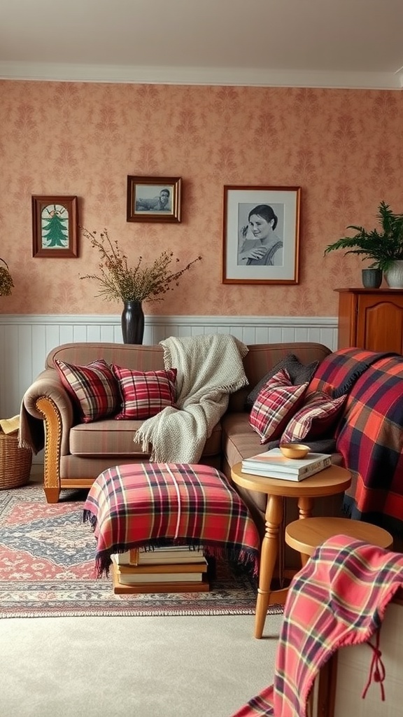 Living room featuring classic tartan patterns with a cozy sofa, pillows, and decorative elements.