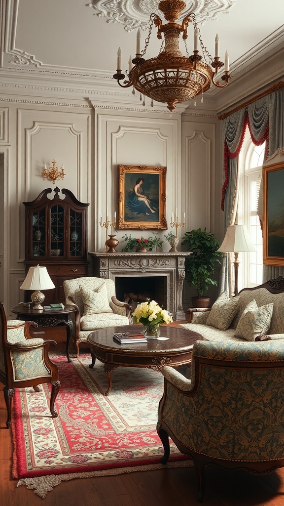 Classic traditional living room with ornate chandelier, elegant furniture, and detailed decor