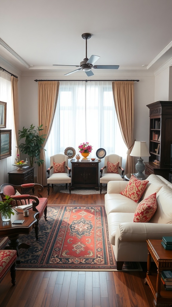 A traditional living room with a white leather sofa, wooden furniture, and warm-toned decor.