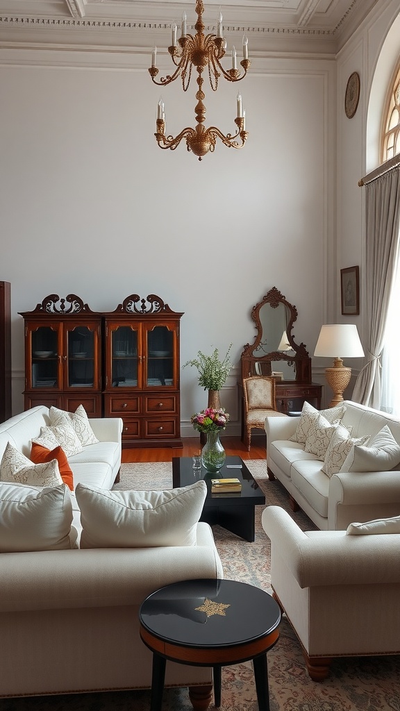 A classic living room featuring white sofas, a dark coffee table, wooden accents, and an elegant chandelier.