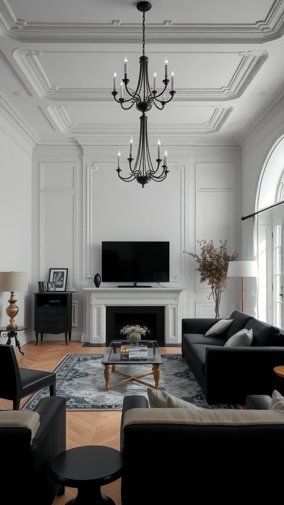 A stylish living room featuring white walls, black furniture, and elegant decor.