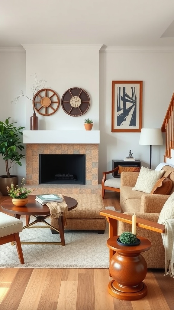 A living room with classic wood accents, featuring wooden furniture, plants, and decorative art on the walls.