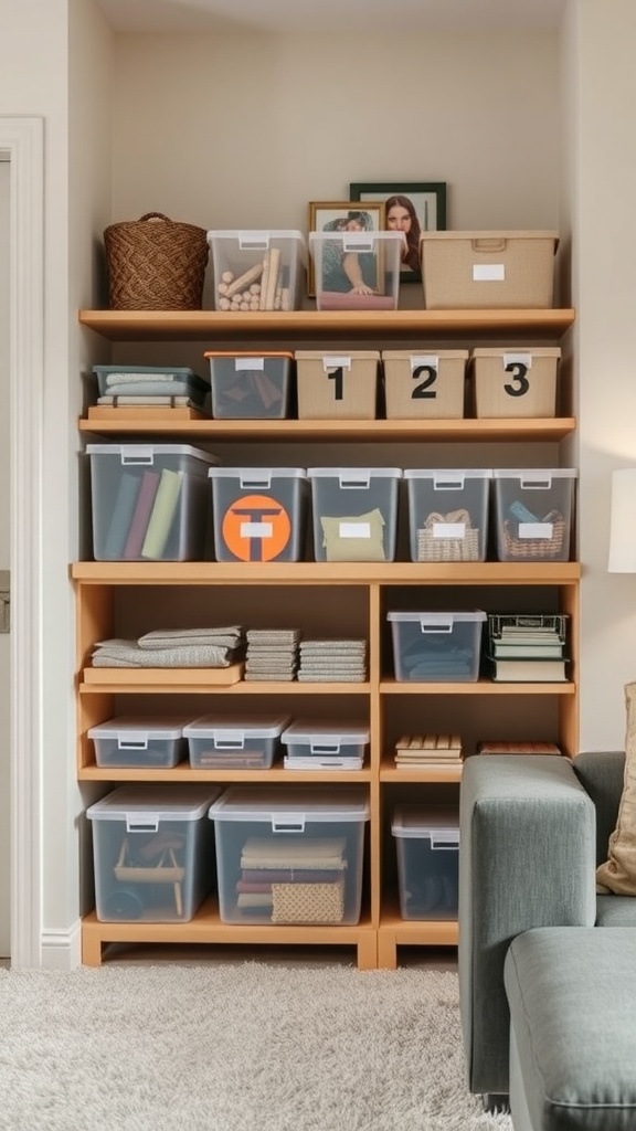 A well-organized shelving unit featuring clear storage boxes, labeled containers, and decorative items, demonstrating effective living room storage solutions.