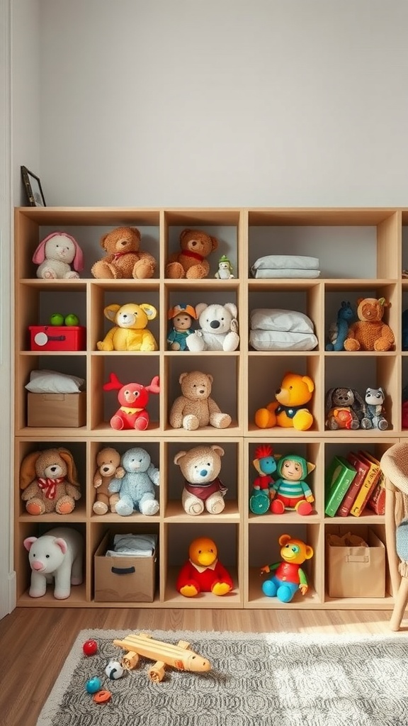 A wooden storage cubbie unit filled with colorful stuffed animals and toys, neatly organized in a living room.