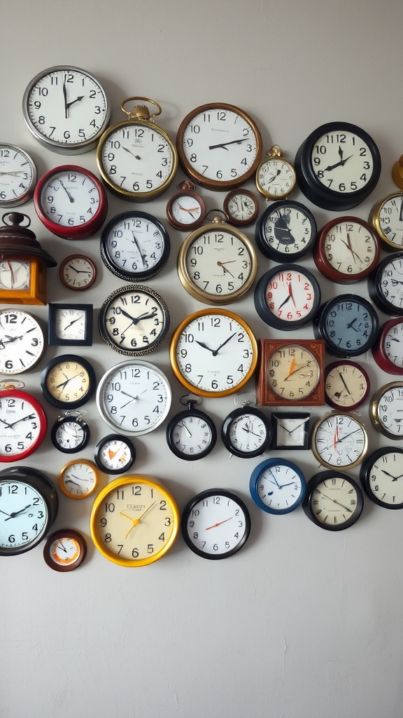 A variety of unique clocks arranged on a wall, showcasing different styles and colors.