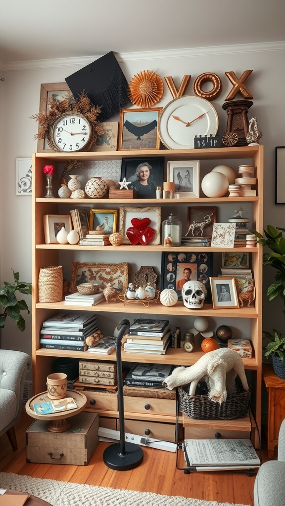 A cluttered bookshelf filled with various decorative items, books, and framed photos.