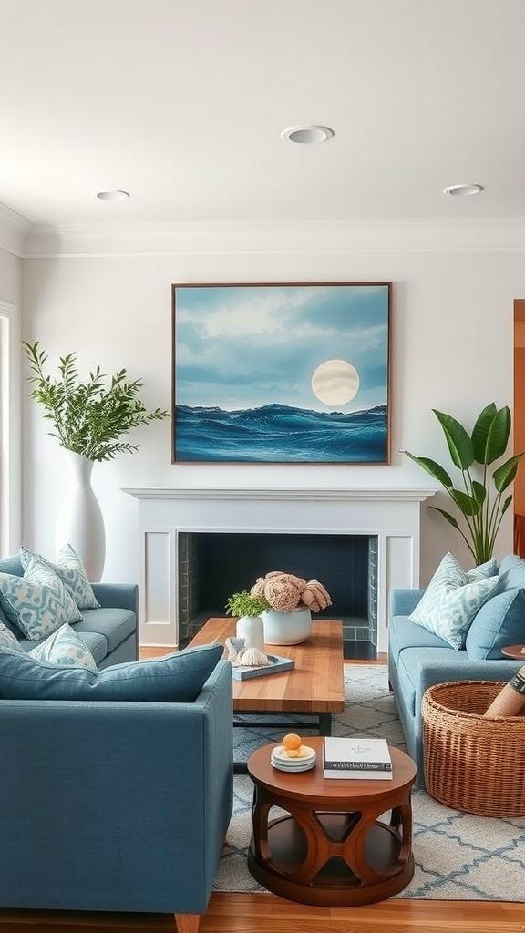 A coastal-inspired living room with blue sofas, a large seascape painting, and natural decor elements.