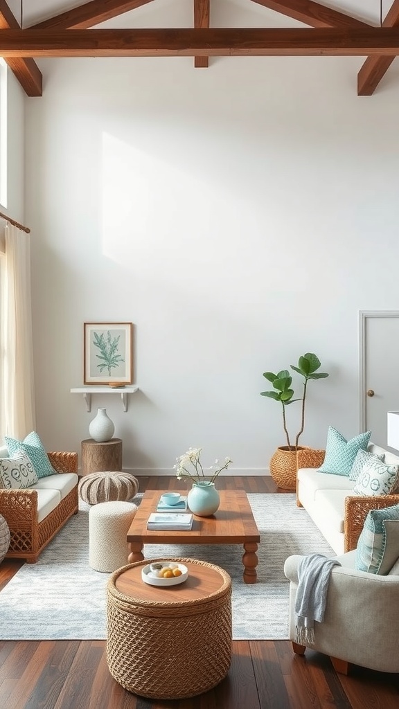 Coastal-inspired living room featuring brown and blue decor, wooden beams, and natural materials.