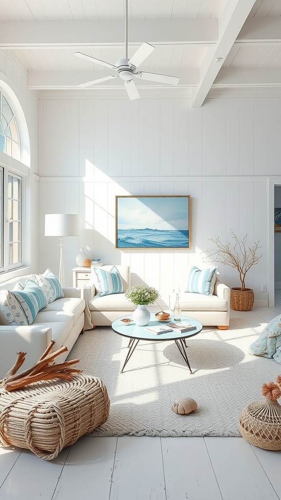 A bright and airy coastal-inspired living room featuring white sofas with blue cushions, natural elements, and an ocean-themed artwork.