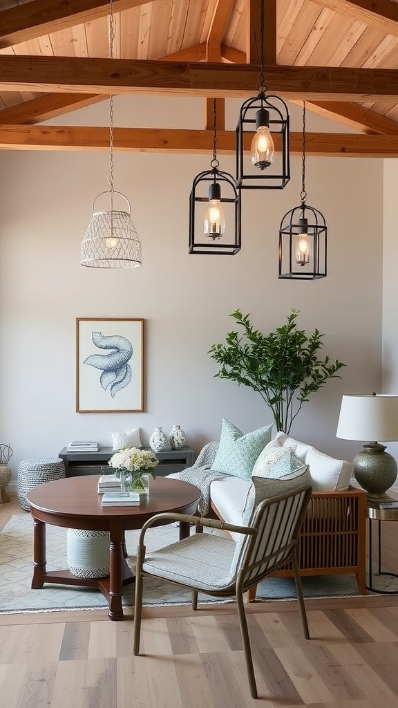 A coastal living room featuring stylish lighting fixtures, a comfortable seating area, and natural wood accents.