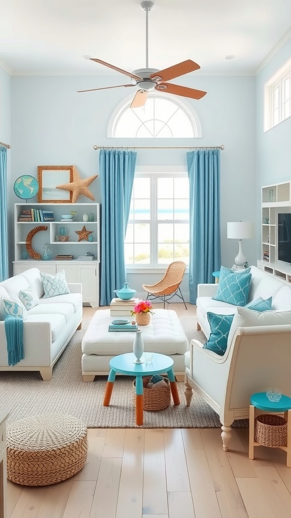 Coastal-inspired living room with white and blue decor, featuring comfortable sofas, turquoise accents, and abundant natural light.