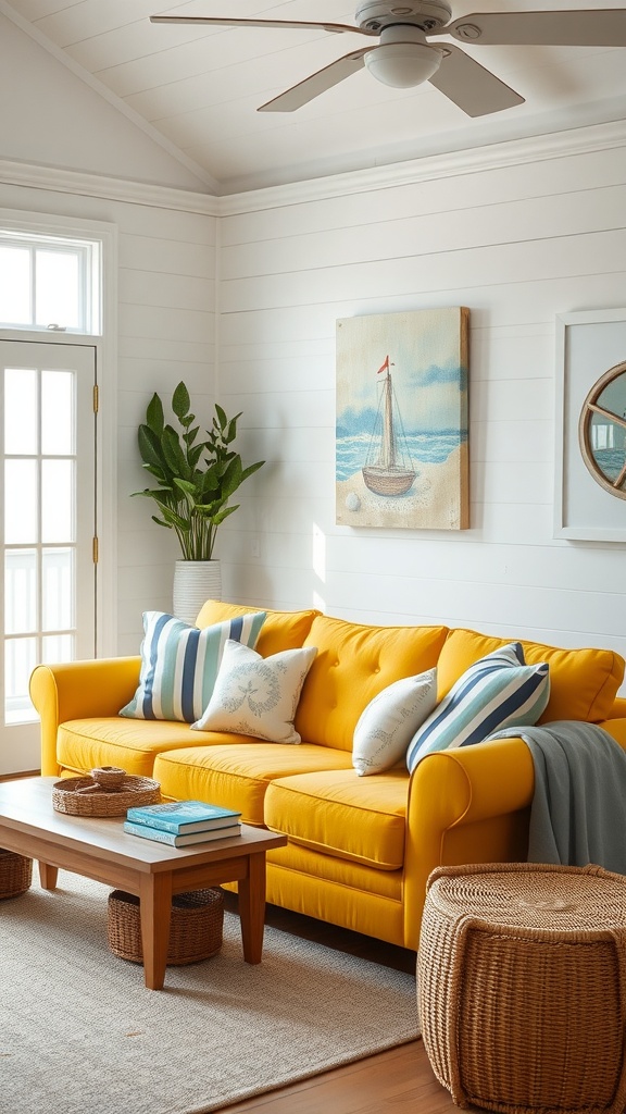 A bright yellow couch in a coastal living room with nautical decor.