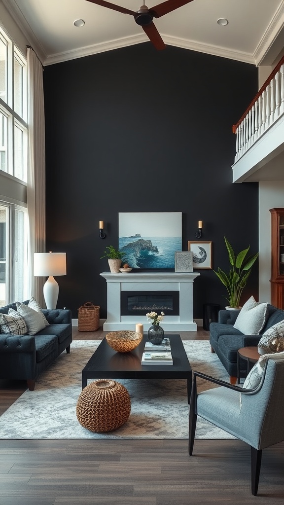 Living room featuring a black wall, neutral furniture, and coastal decor elements.