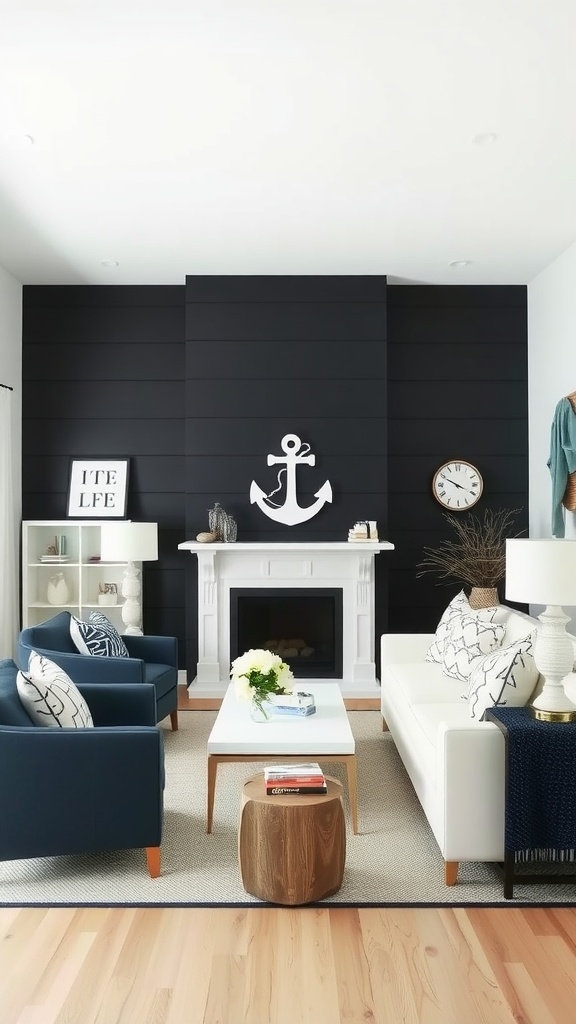 A coastal living room featuring a black accent wall, white furniture, and nautical decor.