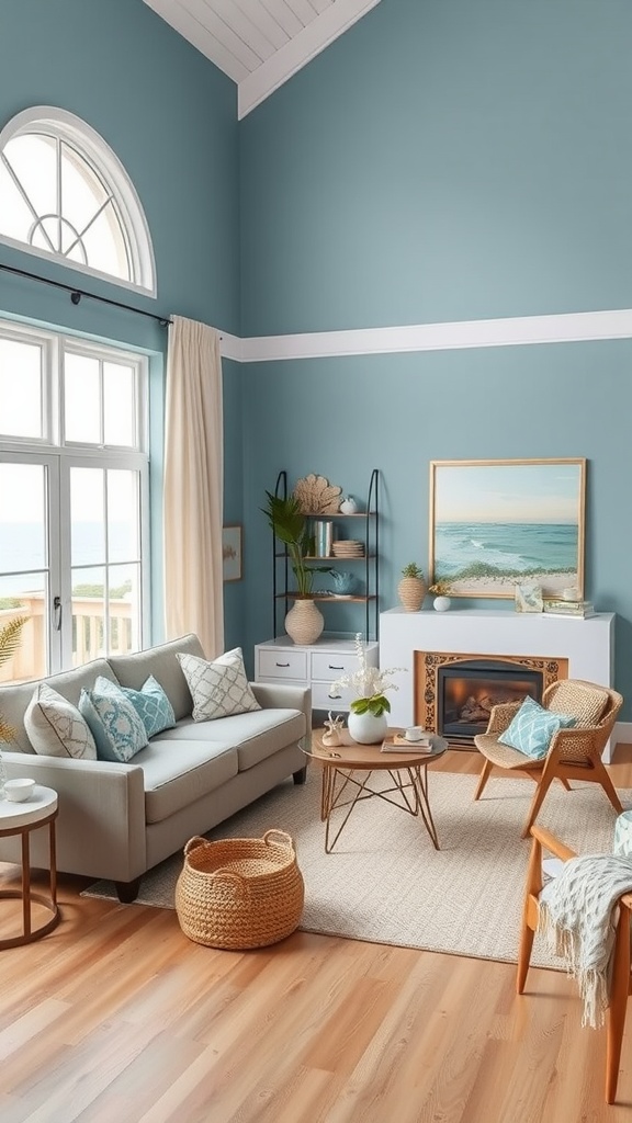 A coastal-themed living room featuring soft blue walls, a light sofa, wooden furniture, and decorative elements that evoke a serene atmosphere.