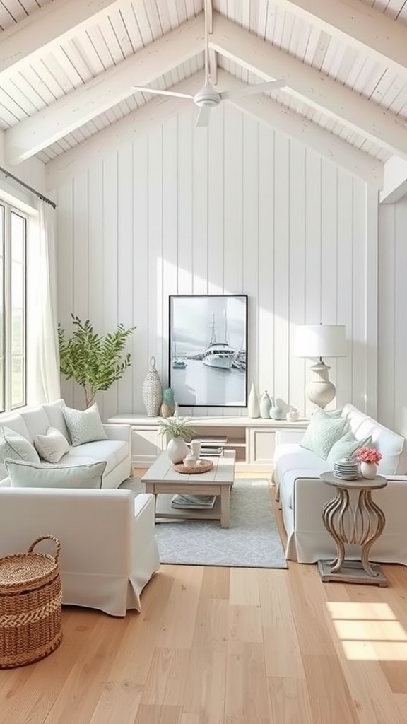 A bright and airy living room featuring a coastal breeze aesthetic with white walls, natural wood floors, and light blue accents.