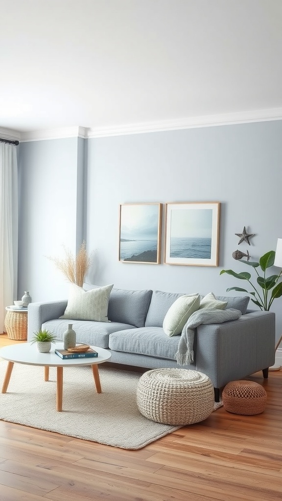 A coastal-themed living room featuring a grey couch, light blue walls, nature-inspired decor, and a cozy atmosphere.