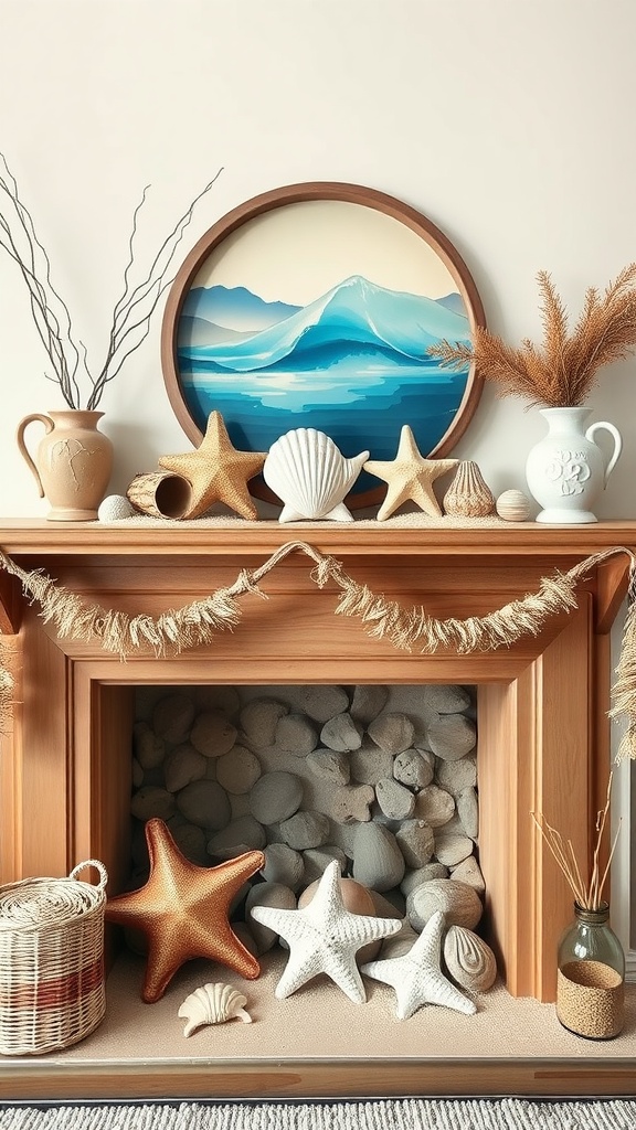 A mantel decorated with seashells, starfish, and coastal-themed art, creating a summer vibe.