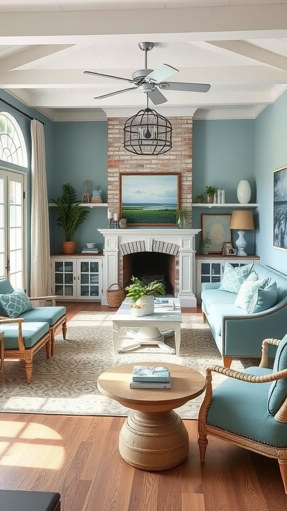 Cozy coastal chic living room featuring blue and green furniture