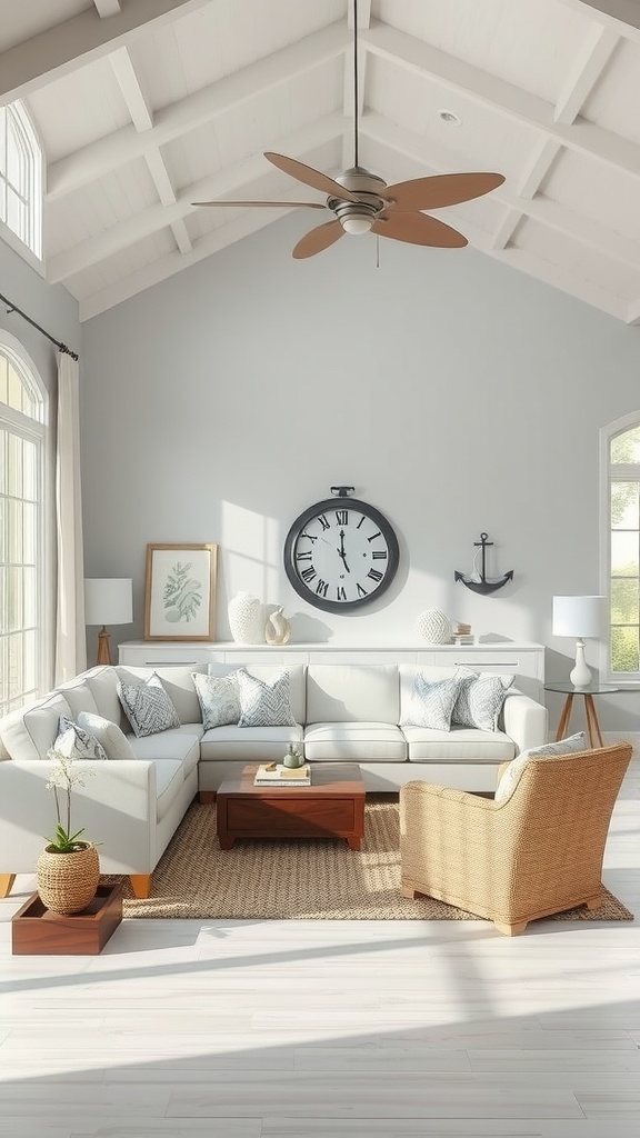 A coastal-inspired living room with gray walls, white sectional sofa, and natural decor elements.