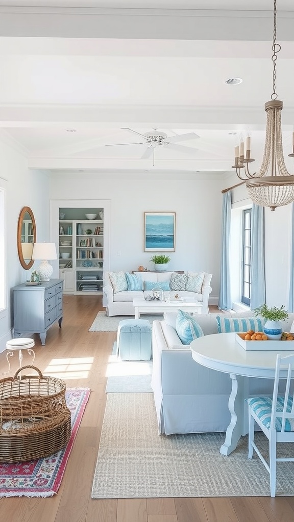 A coastal-inspired living room and dining area with blue and white decor, natural light, and a relaxed atmosphere.