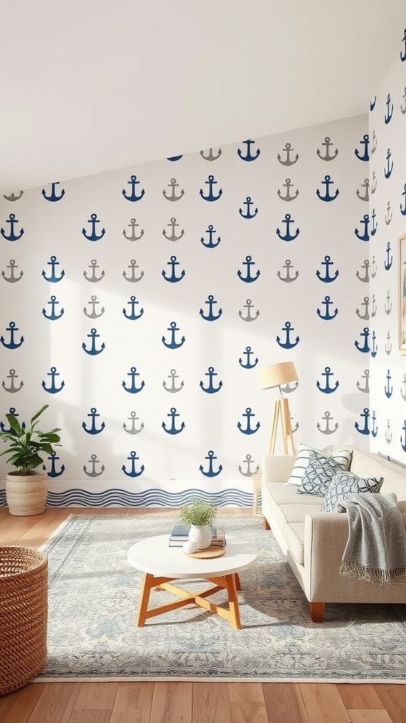 Living room featuring coastal nautical wallpaper with anchors, a cozy sofa, and natural decor elements.