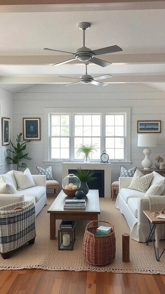 A cozy living room with white sofas, wooden coffee table, and coastal decor, embodying the Coastal New England aesthetic.