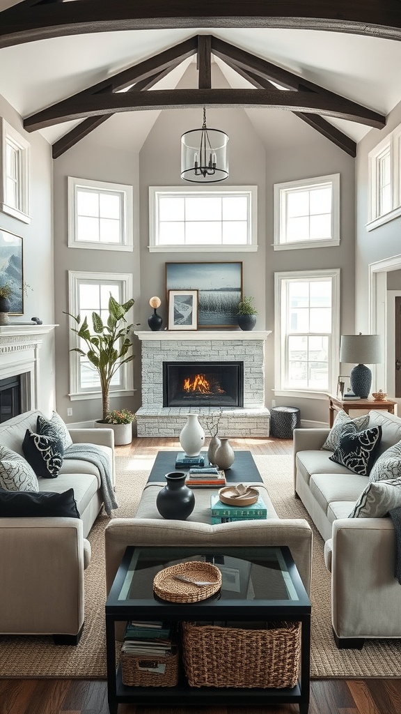 Cozy coastal-inspired living room with black accents, featuring large windows, a stone fireplace, and stylish furnishings.