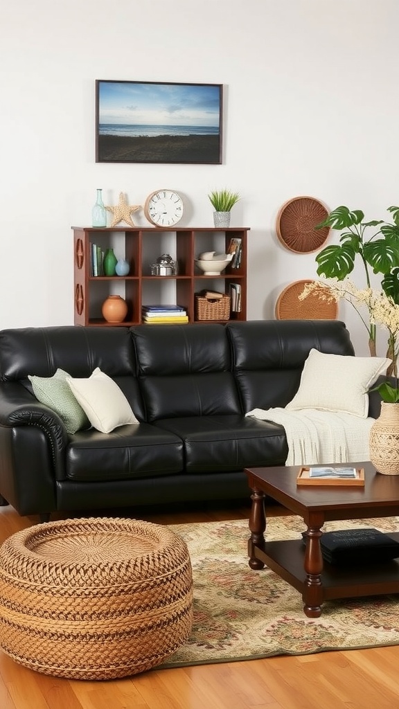 A cozy living room featuring a black leather couch, coastal-themed decor, and natural textures.