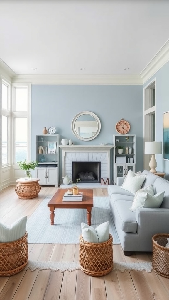 Coastal living room with light blue walls, grey sofa, wooden floor, and woven baskets.