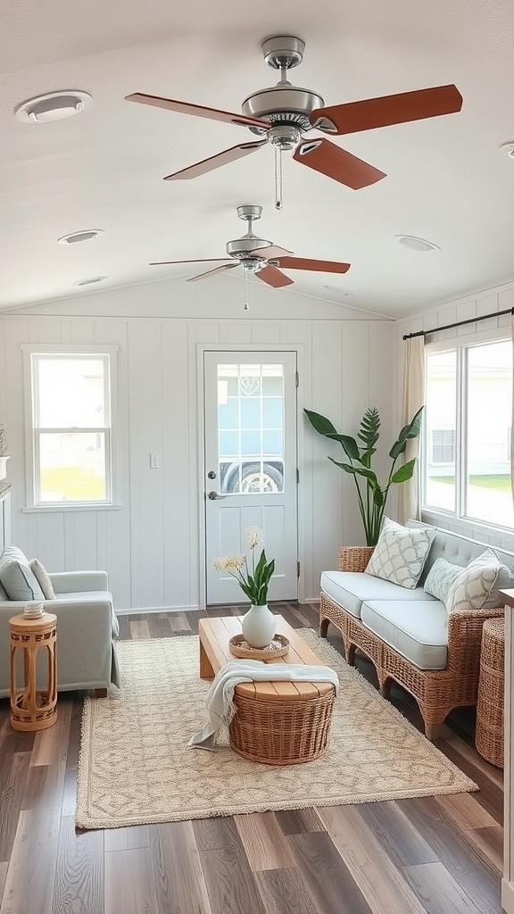 A cozy living room in a mobile home with coastal decor, featuring light colors, woven furniture, and greenery.