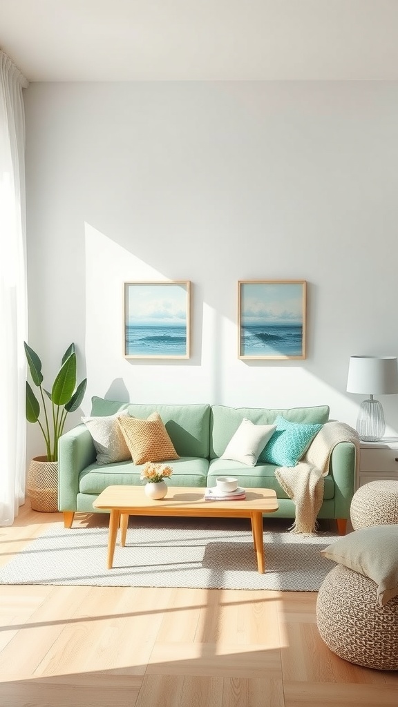 A bright living room featuring a green sofa, wooden coffee table, and ocean-themed wall art.