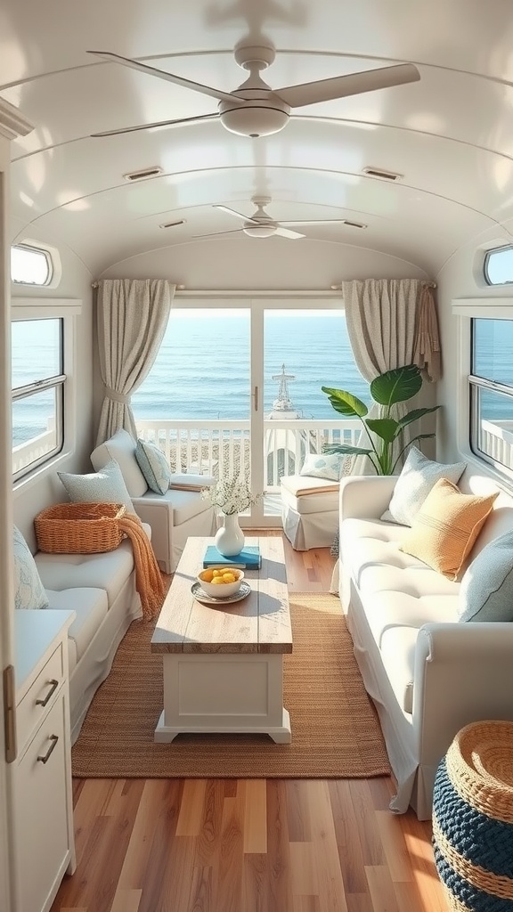 Coastal-themed living room in a trailer house with ocean view