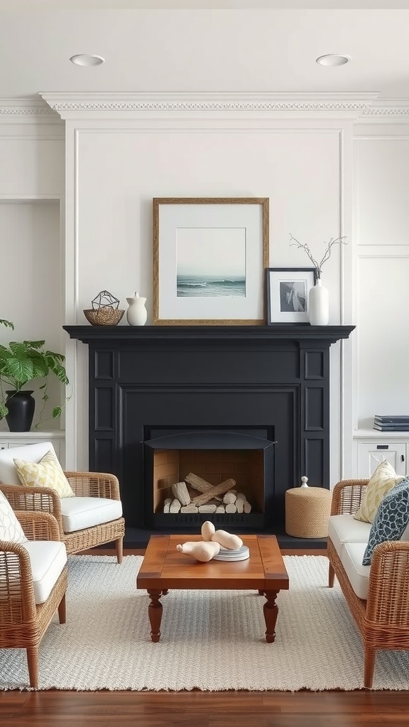 A cozy living room featuring a black fireplace, light-colored sofas, and woven chairs, with coastal decor elements.