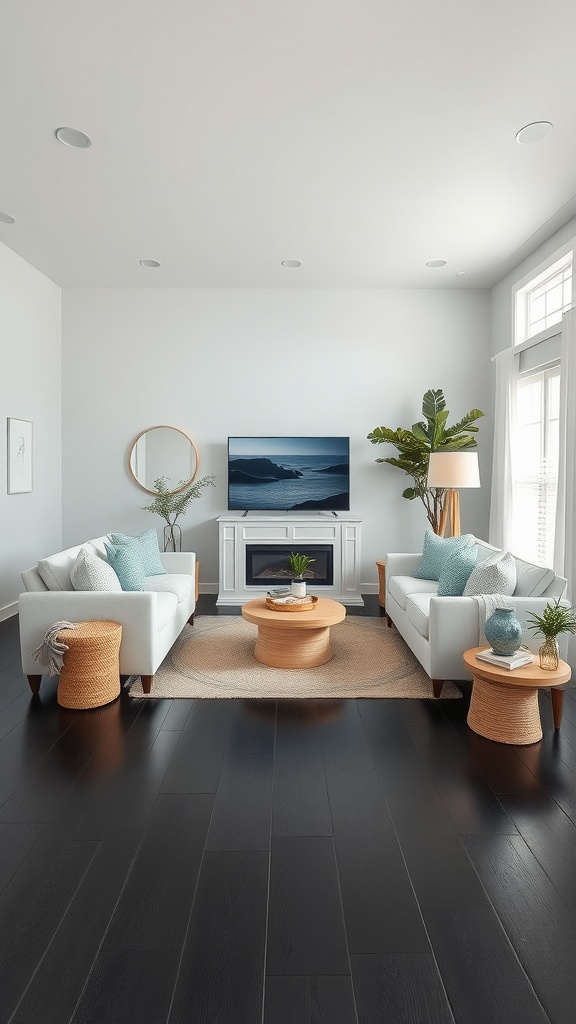 Coastal living room with white sofas and dark wooden floors