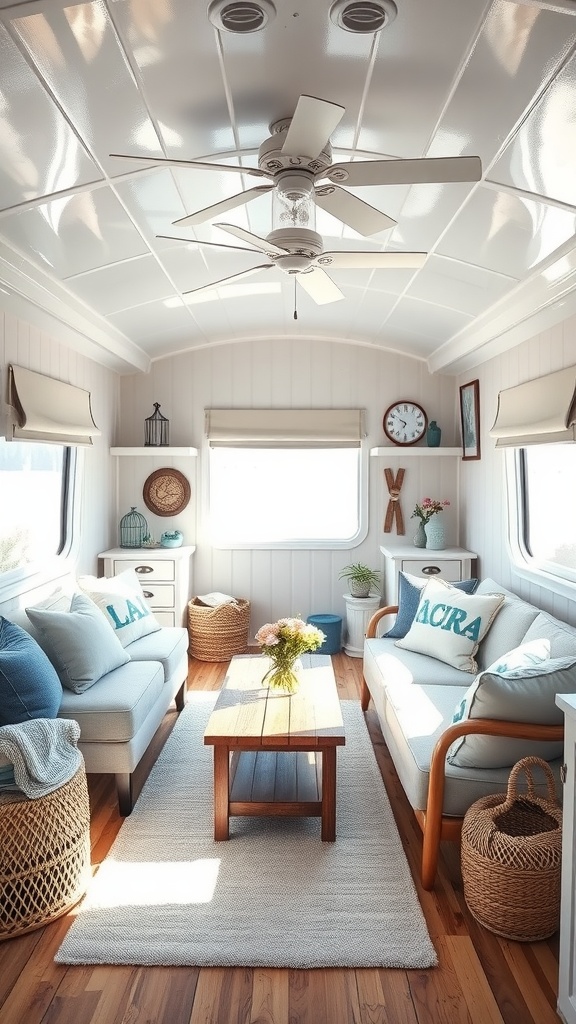 Cozy living room in a trailer house with nautical decor, featuring light colors and comfortable furniture