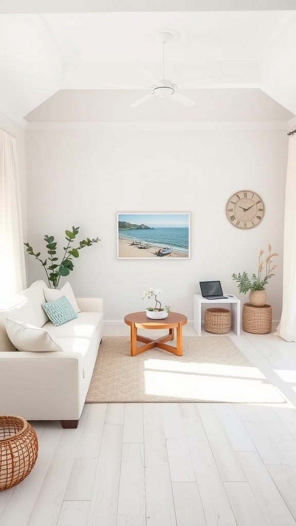 Bright and airy coastal living room with a white couch, wooden coffee table, and nautical decor