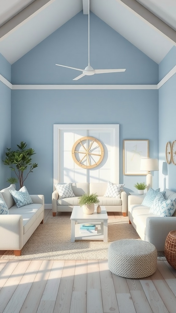 A coastal living room with soft blue walls, white sofas, and nautical decor