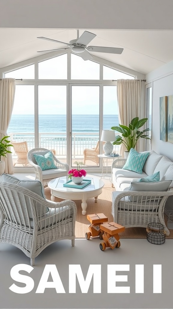 A bright coastal living room with white furnishings, large windows overlooking the ocean, and touches of turquoise and greenery.