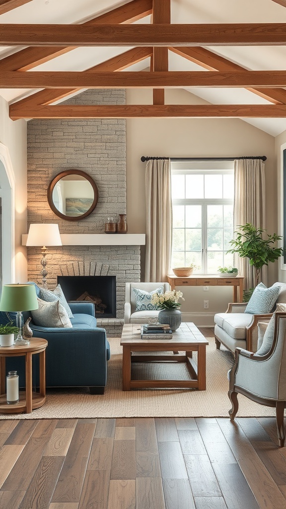 A cozy living room featuring wooden beams, a stone fireplace, and coastal decor elements.