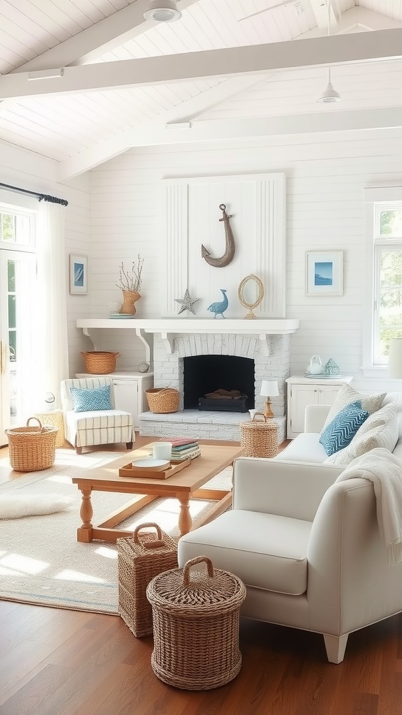 A bright living room featuring white walls, a wooden coffee table, and nautical decor, creating a serene coastal atmosphere.