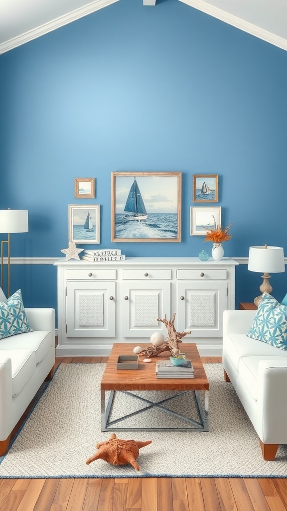 Living room with blue accent wall, white furniture, and coastal decor.